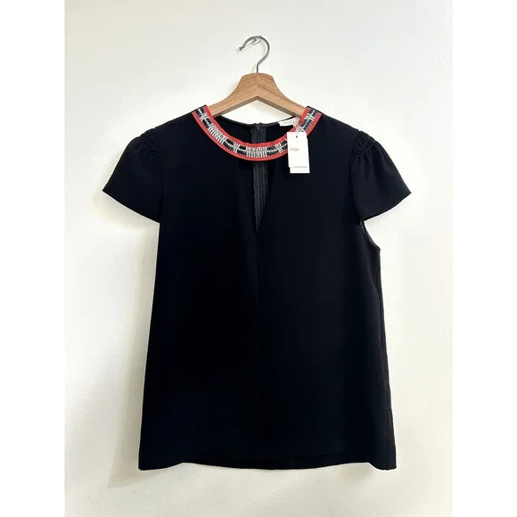 Maje Fraiche Keyhole Black Embroidered Short Sleeve Blouse size 2 $345 - Picture 8 of 15